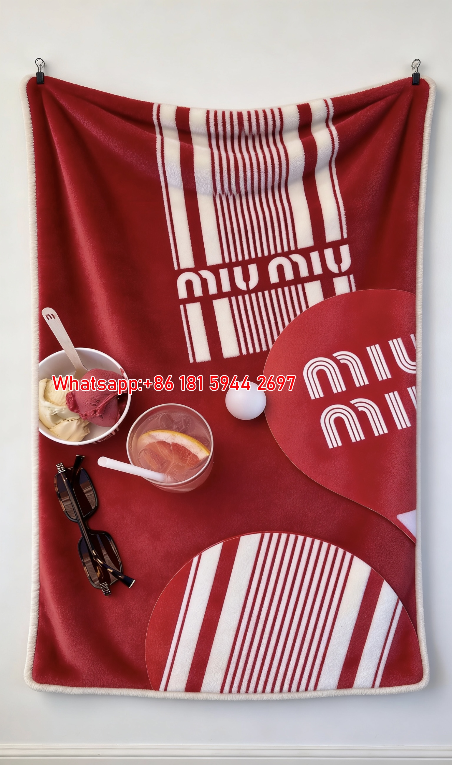 Miu Miu Summer Picnic Print Flannel Throw Blanket Bold Red and White Striped Design with Ice Cream and Cocktail Aesthetic IMG_0426